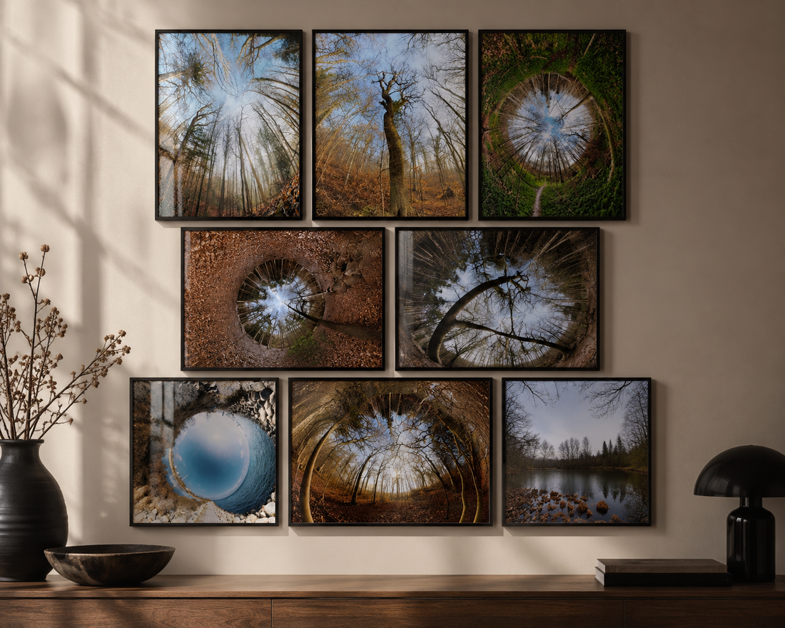 Nine coordinated square Scandinavian forest prints arranged as a gallery wall — Nordic Portal Square Set by Dream Poster