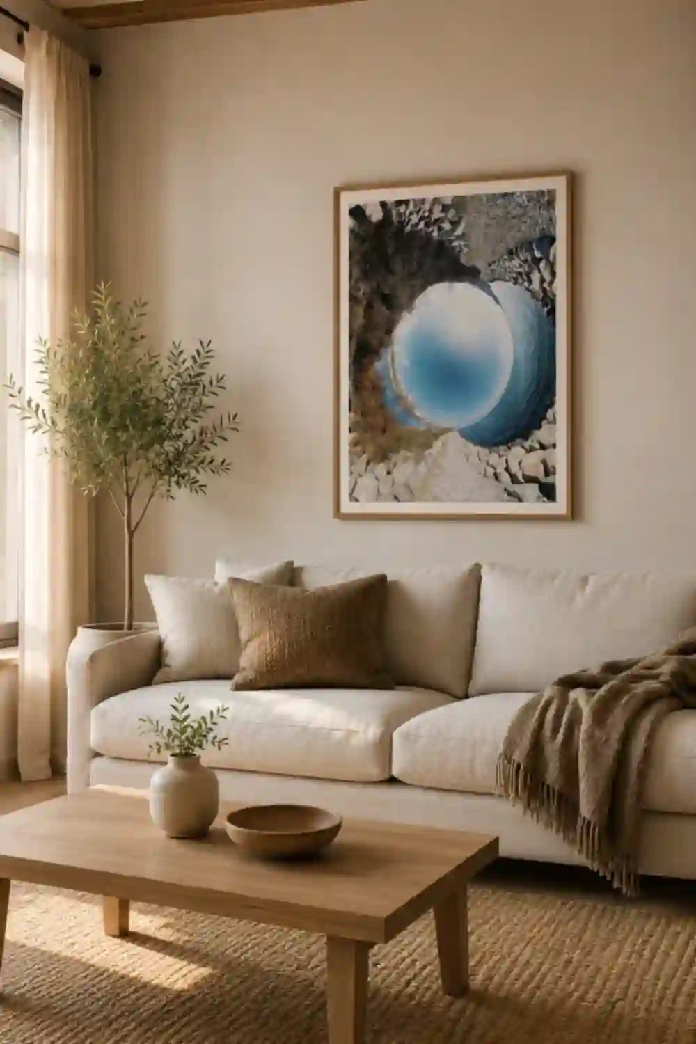 Calm Airbnb guest bedroom with Nordic printable wall art above the bed