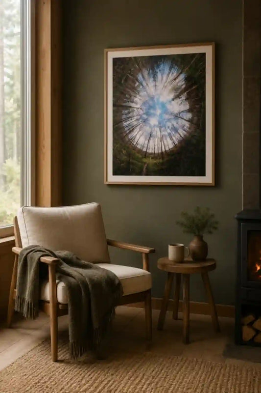 Nordic cabin bedroom with framed nature wall art and warm wood textures