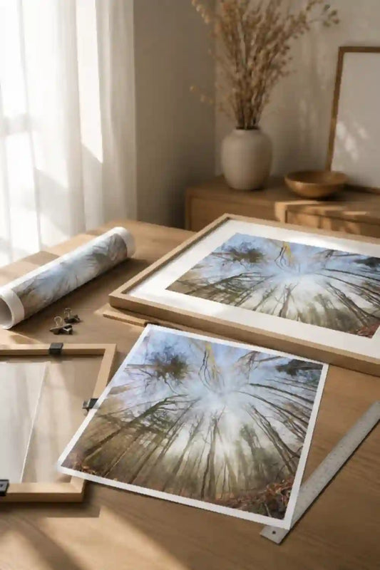 Digital wall art being printed and framed for a calm guest room