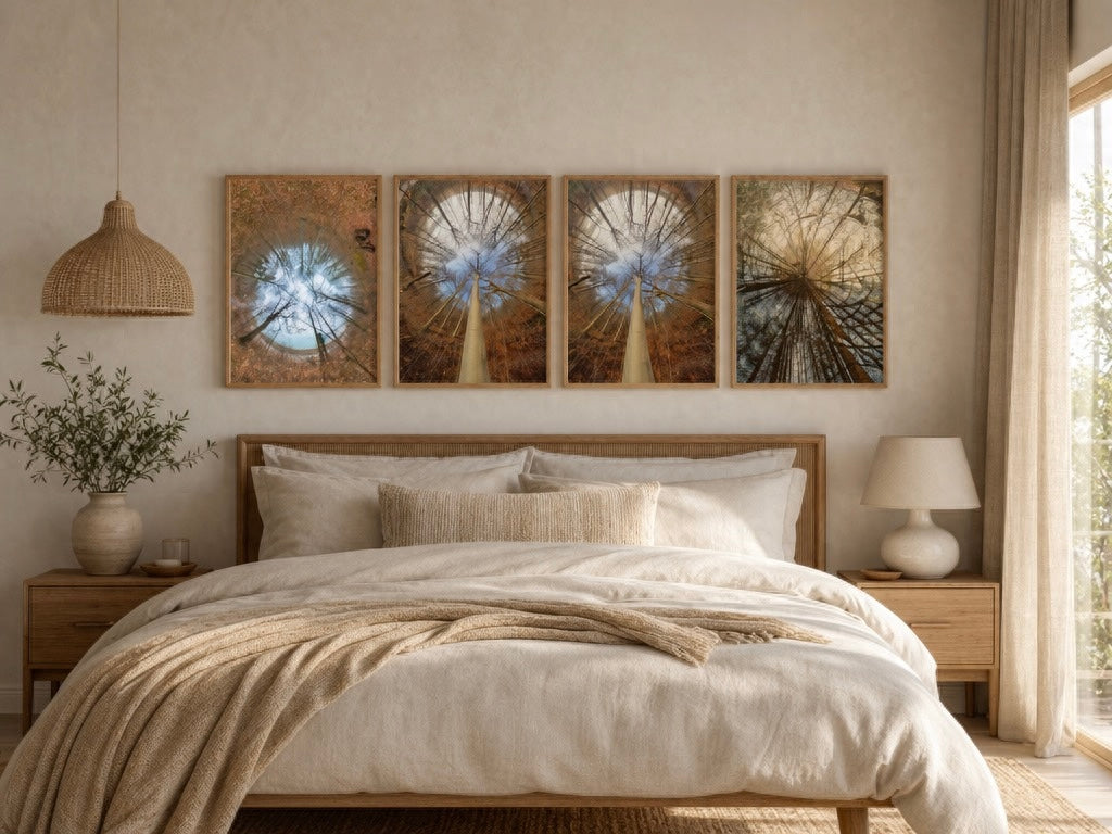 Calm Scandinavian forest poster framed on a white wall in a minimal first apartment bedroom