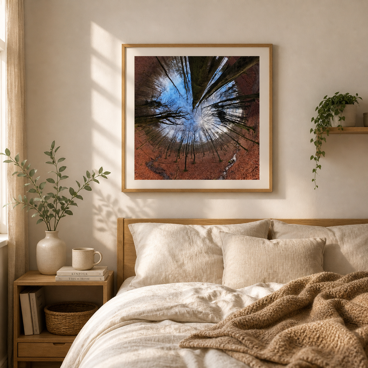 Woodland Sky Portal – Nordic sky and woodland art in a minimalist bedroom