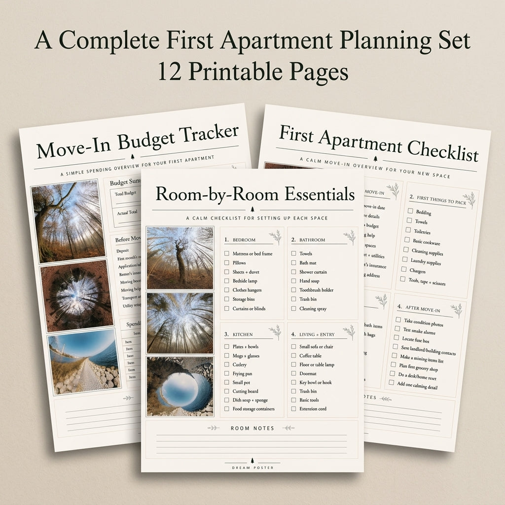 First Apartment Move-In Planner Set – printable planner cover, Dream Poster