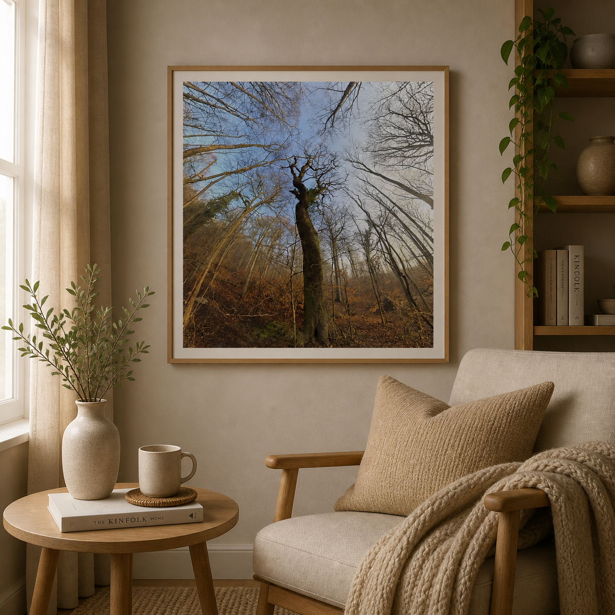 Nordic nature art displayed in a calm Scandinavian living room