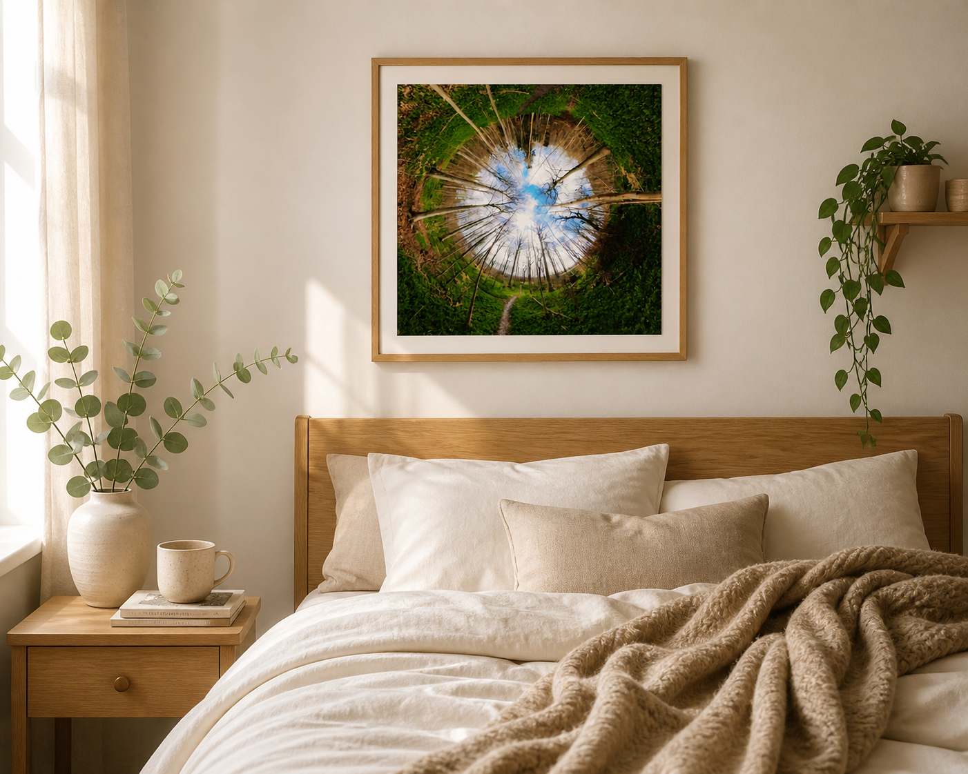 Green Canopy Circle – Nordic forest art in a Scandinavian bedroom