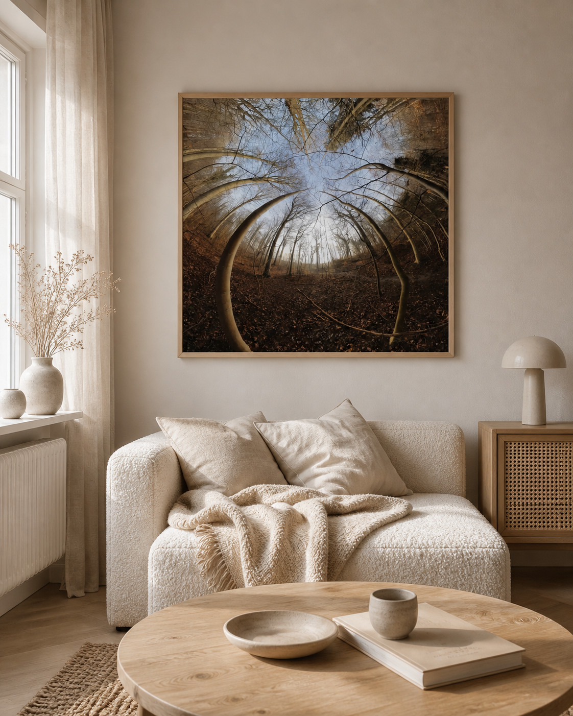 Autumn Forest Portal – Scandinavian nature art in a warm living room
