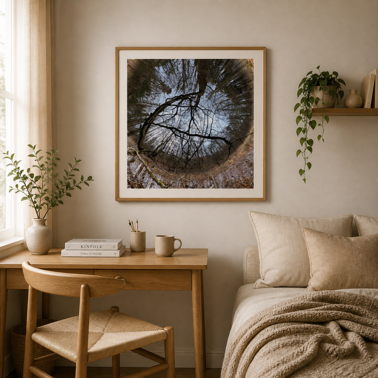 Branch Reflection Portal – Nordic minimalist art in a home office setting