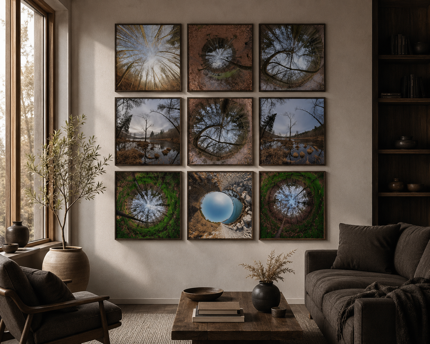 Nine square Scandinavian forest prints arranged as a 3×3 gallery wall — Nordic Portal Square Set by Dream Poster
