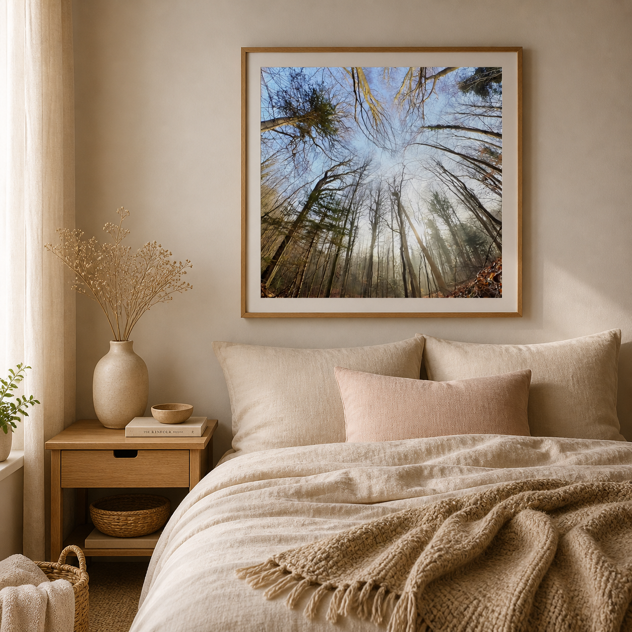 Nordic nature poster displayed in a cozy Scandinavian bedroom