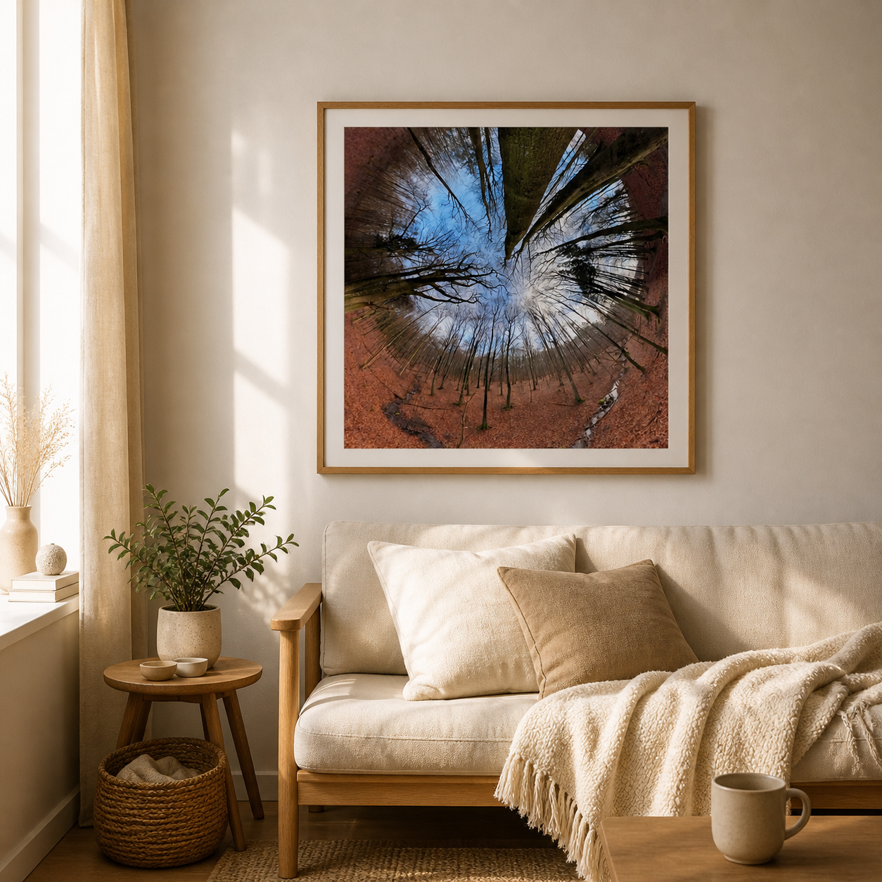 Woodland Sky Portal – Scandinavian nature art in a Scandinavian living room