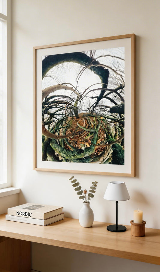 The Complete Collection — Nordic nature print framed above desk, NORDIC book on shelf