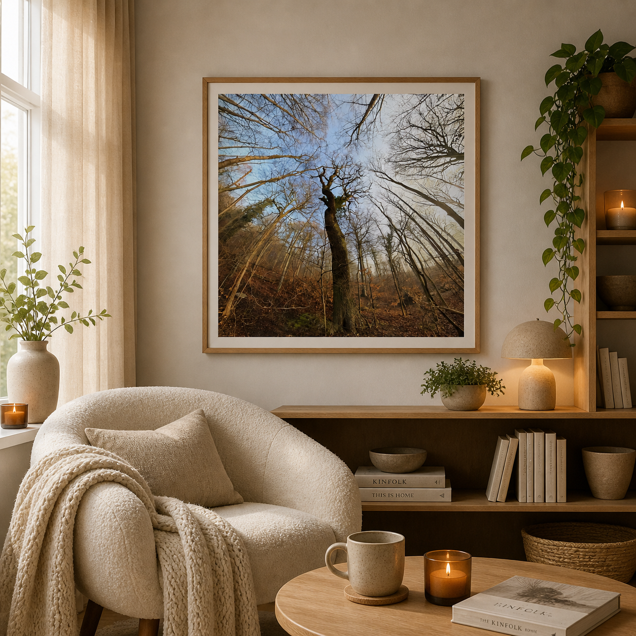 Nordic nature print displayed in a Scandinavian living room