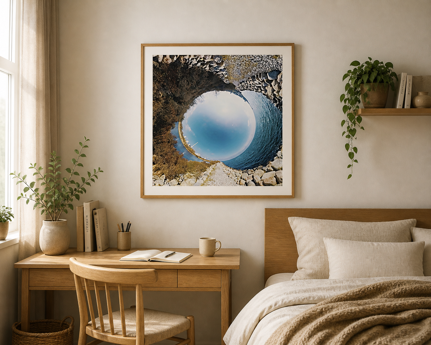 Nordic nature art displayed in a Scandinavian bedroom setting