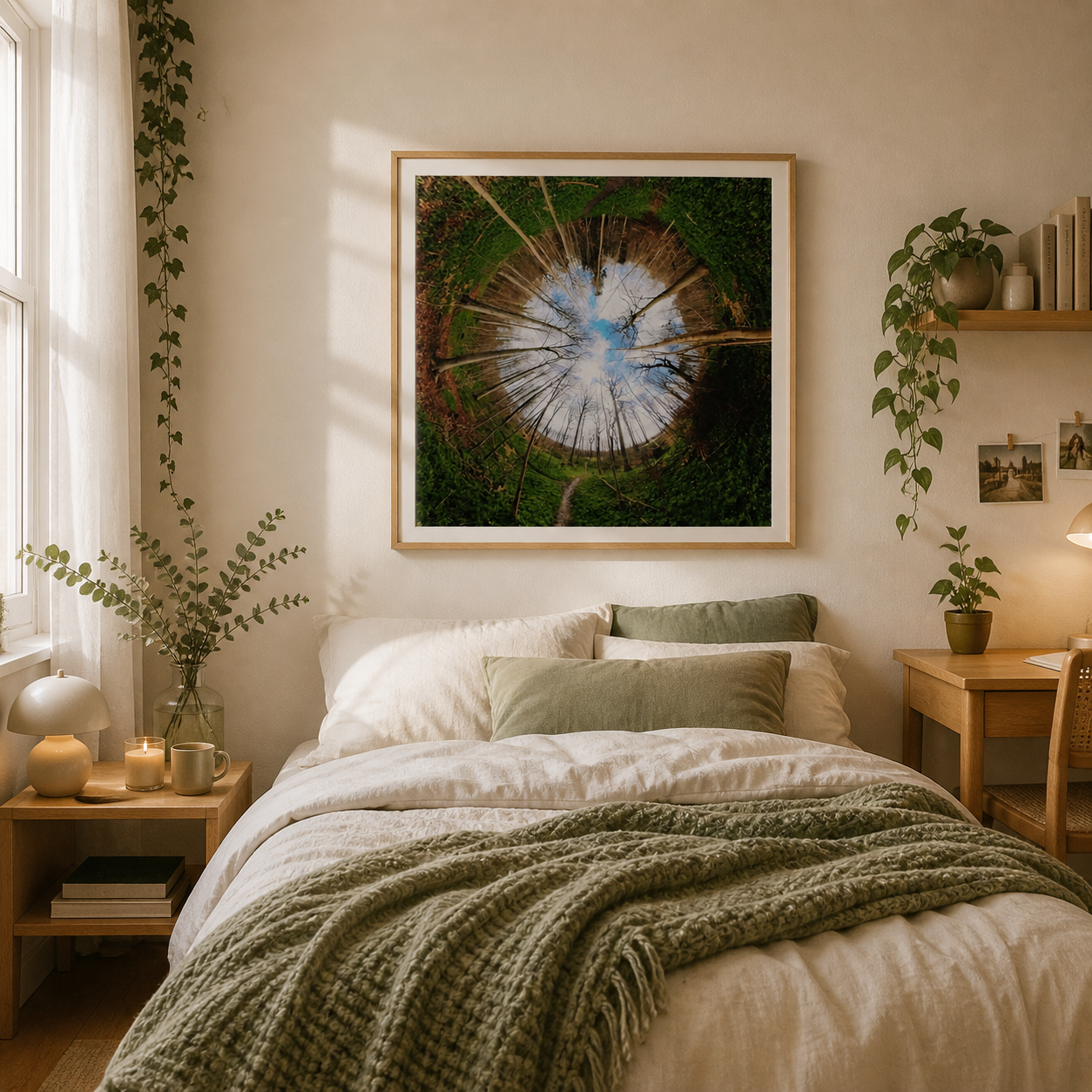 Green Canopy Circle – Scandinavian forest canopy print in a Nordic bedroom
