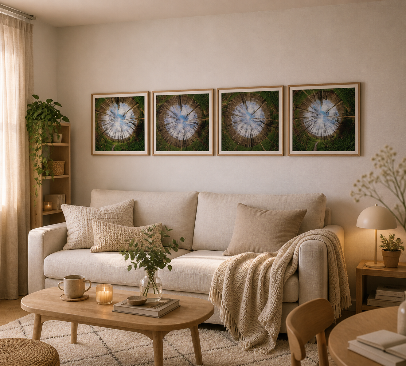 Green Canopy Circle – Nordic forest art displayed in a Scandinavian living room